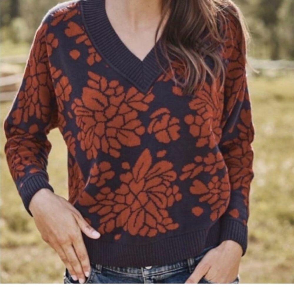 Garnet Hill Everly Navy Floral Jacquard Floral Cotton Alpaca Sweater